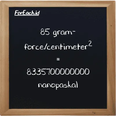 Cara konversi gram-force/centimeter<sup>2</sup> ke nanopaskal (gf/cm<sup>2</sup> ke nPa): 85 gram-force/centimeter<sup>2</sup> (gf/cm<sup>2</sup>) setara dengan 85 dikalikan dengan 98067000000 nanopaskal (nPa)